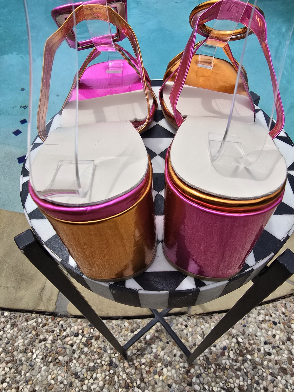 Metallic Pink & Orange Buckle Slide Sandals - Picture 6 of 6